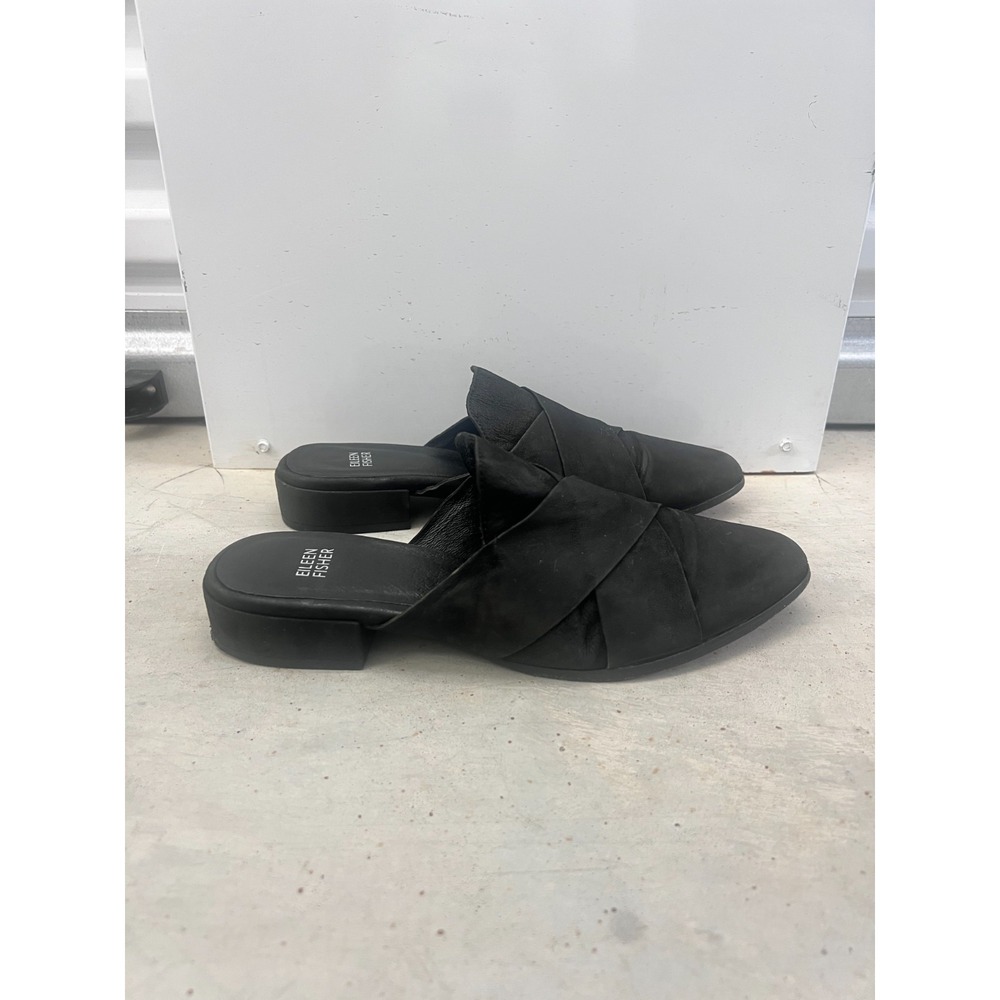 Eileen Fisher Bauer Mules Womens US 9.5 Black Nubuck Block Heel Slip On Shoes